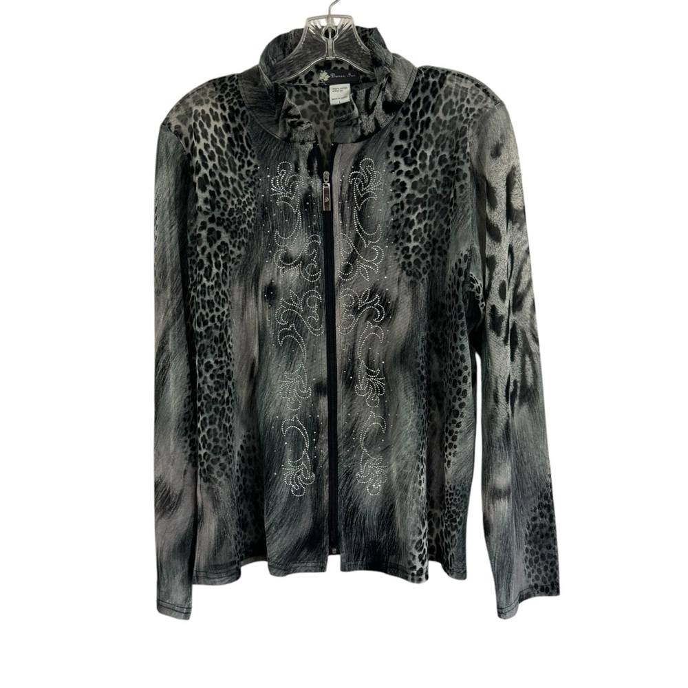 DAMEE Inc Women’s Wire Collar Art to Wear Mixed Print Zip Top Shirt Jacket Sz L